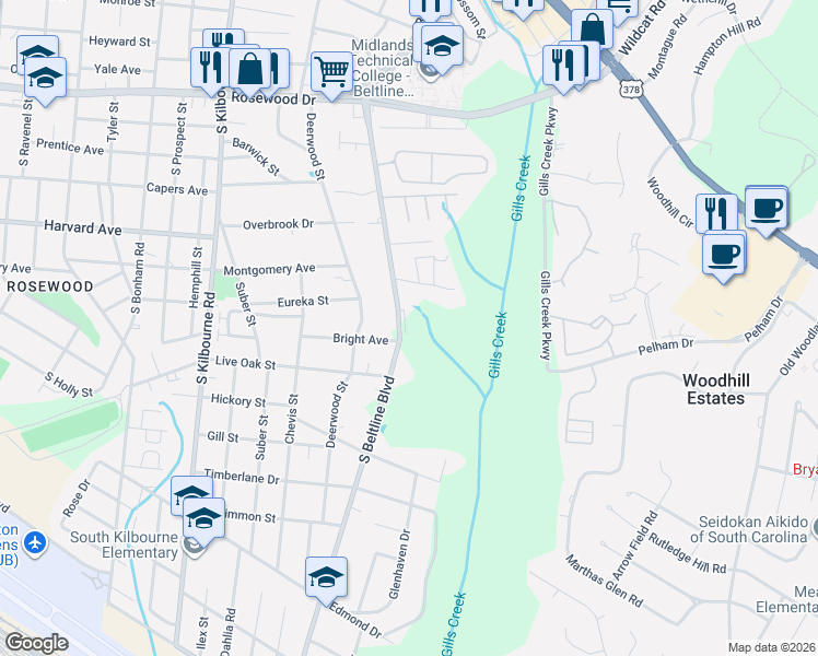 map of restaurants, bars, coffee shops, grocery stores, and more near 4048 Bright Avenue in Columbia