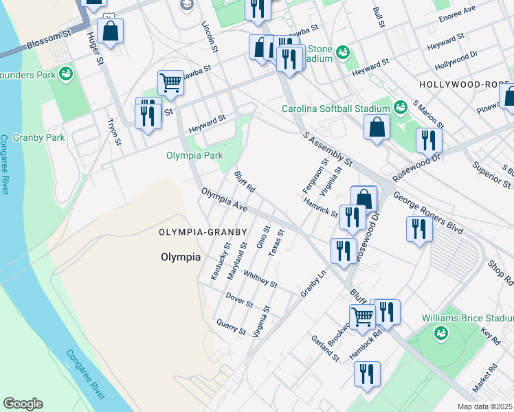 map of restaurants, bars, coffee shops, grocery stores, and more near 1150 Olympia Avenue in Columbia