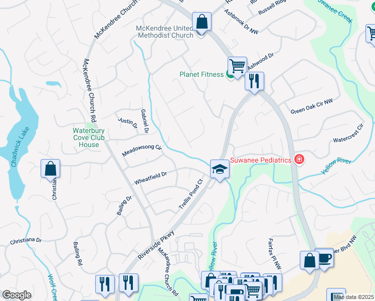 map of restaurants, bars, coffee shops, grocery stores, and more near 1308 Fairview Trail Northwest in Lawrenceville