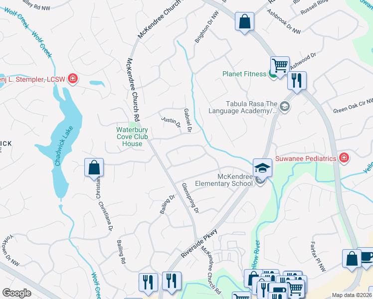 map of restaurants, bars, coffee shops, grocery stores, and more near 1302 Glen Iris Court in Lawrenceville
