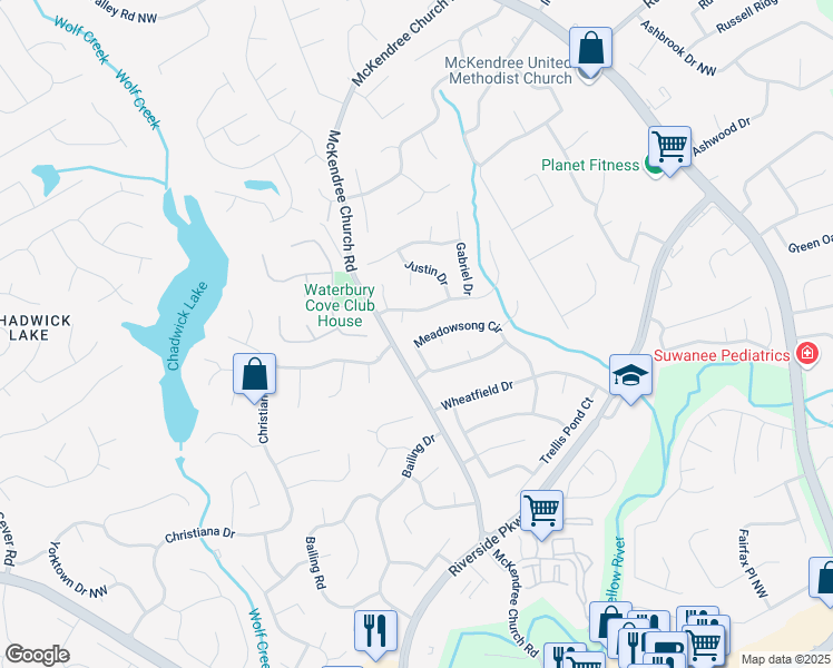 map of restaurants, bars, coffee shops, grocery stores, and more near 900 Meadowsong Circle in Lawrenceville