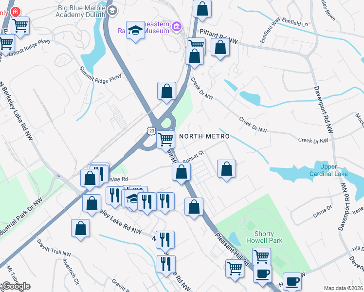 map of restaurants, bars, coffee shops, grocery stores, and more near 2982 Pleasant Hill Road in Duluth