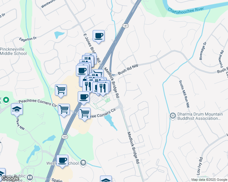 map of restaurants, bars, coffee shops, grocery stores, and more near 5005 Shay Town Lane in Peachtree Corners