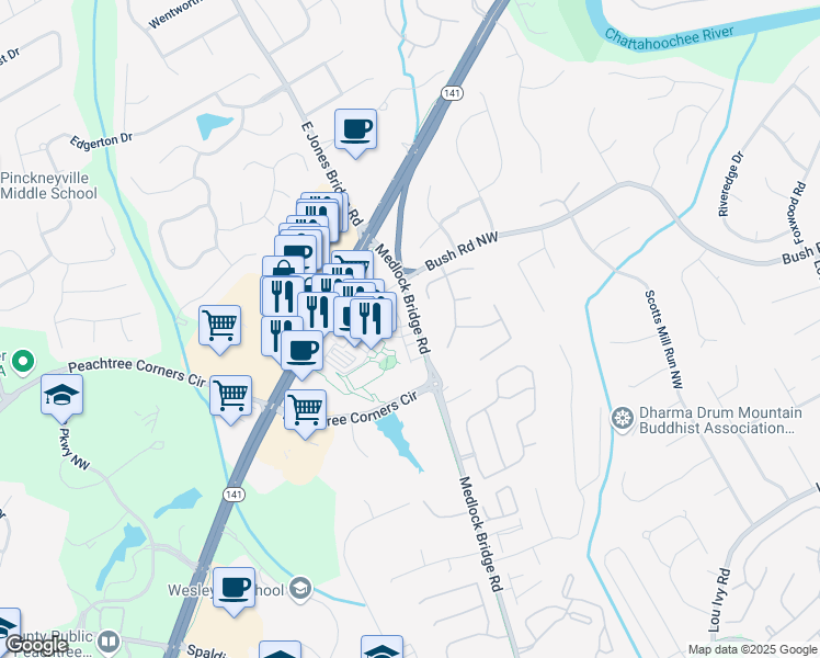map of restaurants, bars, coffee shops, grocery stores, and more near 5005 Shay Town Lane in Peachtree Corners
