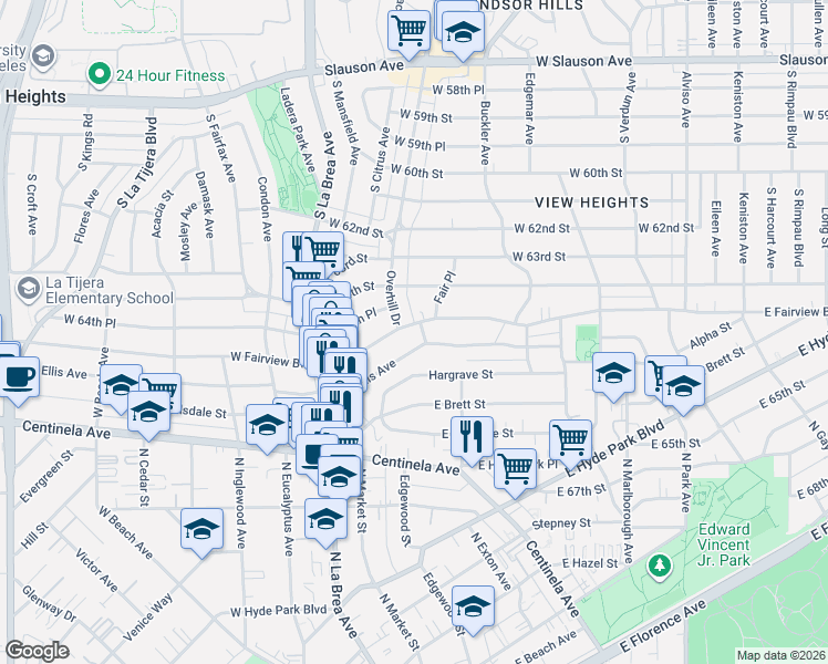 map of restaurants, bars, coffee shops, grocery stores, and more near 326 East Ellis Avenue in Inglewood