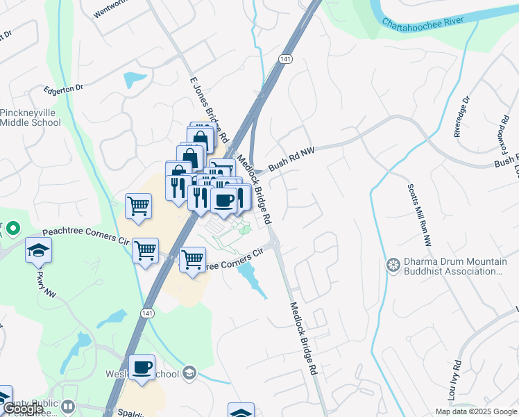 map of restaurants, bars, coffee shops, grocery stores, and more near 3775 Medlock Bridge Road in Peachtree Corners