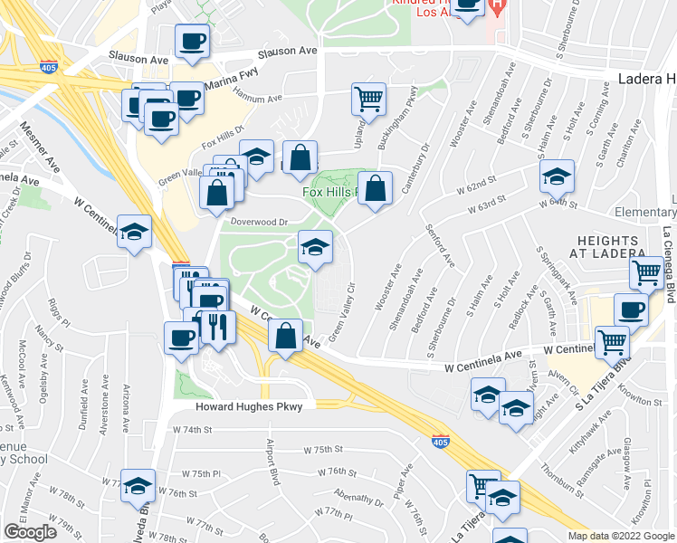 map of restaurants, bars, coffee shops, grocery stores, and more near 6425 Green Valley Circle in Culver City