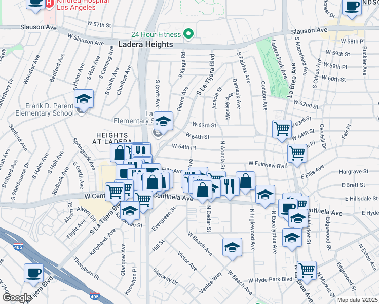 map of restaurants, bars, coffee shops, grocery stores, and more near 500 West 64th Place in Inglewood