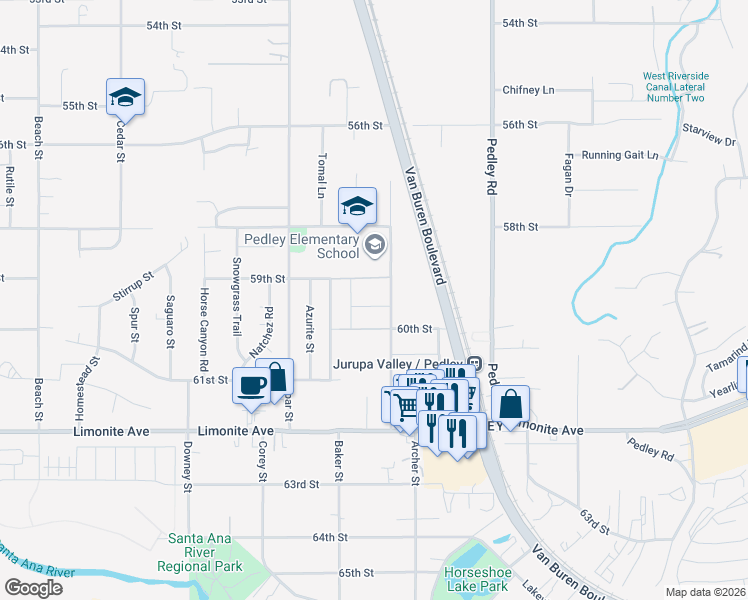 map of restaurants, bars, coffee shops, grocery stores, and more near 5985 Hudson Street in Riverside