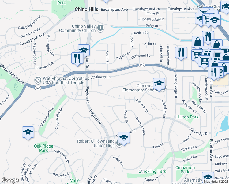 map of restaurants, bars, coffee shops, grocery stores, and more near 3473 Terrace Drive in Chino Hills