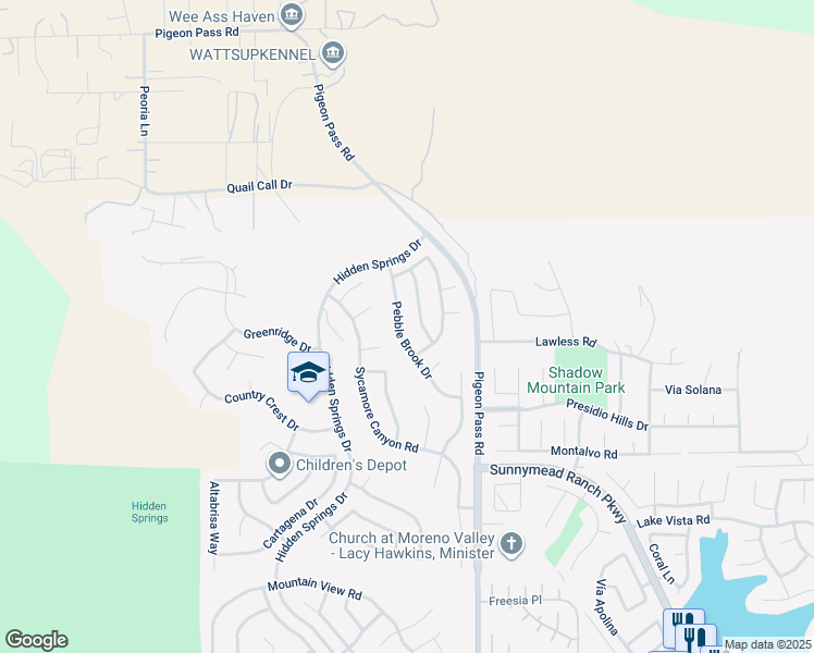 map of restaurants, bars, coffee shops, grocery stores, and more near 9698 Pebble Brook Drive in Moreno Valley