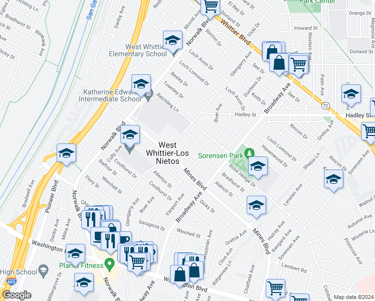 map of restaurants, bars, coffee shops, grocery stores, and more near 7102 Boer Avenue in Whittier