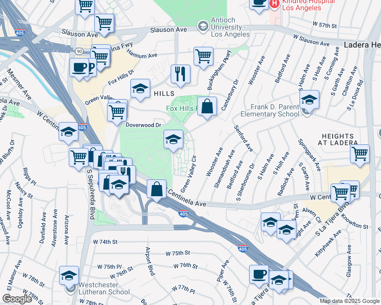 map of restaurants, bars, coffee shops, grocery stores, and more near 6541 Green Valley Circle in Culver City