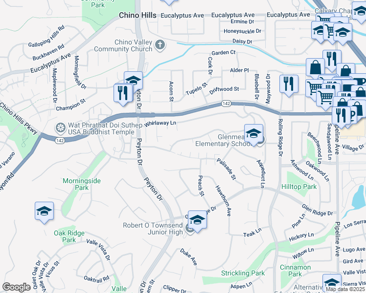 map of restaurants, bars, coffee shops, grocery stores, and more near 3473 Terrace Drive in Chino Hills
