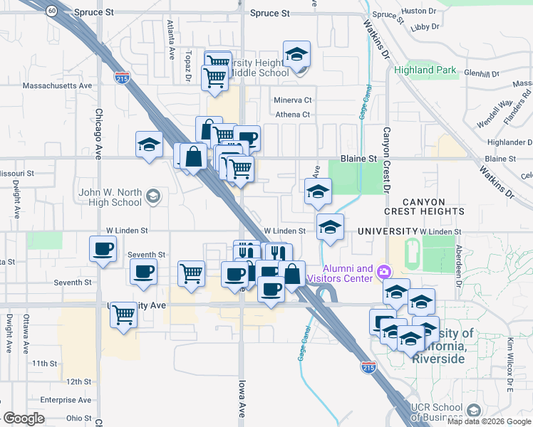 map of restaurants, bars, coffee shops, grocery stores, and more near 1245 West Linden Street in Riverside