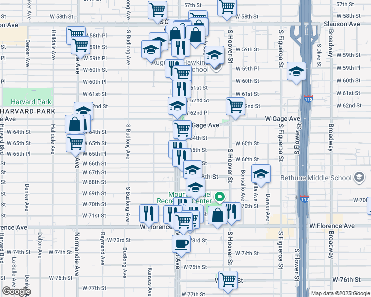 map of restaurants, bars, coffee shops, grocery stores, and more near 949 West 65th Street in Los Angeles