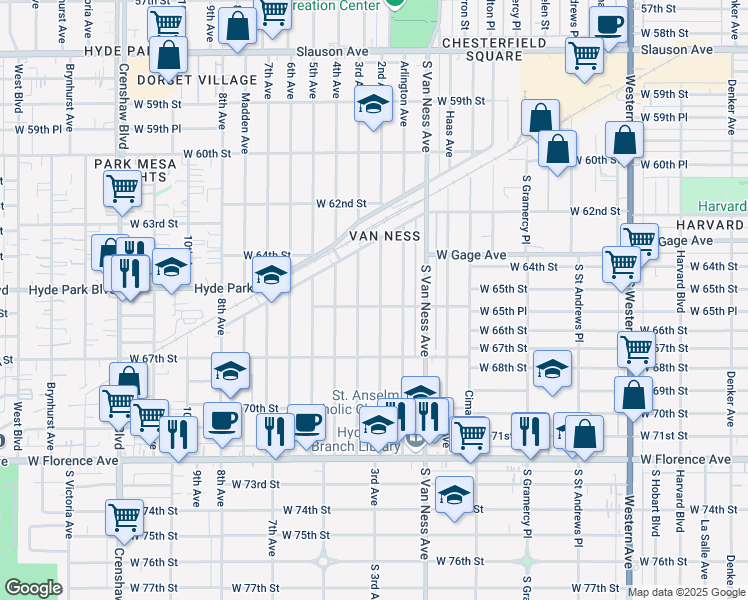 map of restaurants, bars, coffee shops, grocery stores, and more near 6565 2nd Avenue in Los Angeles