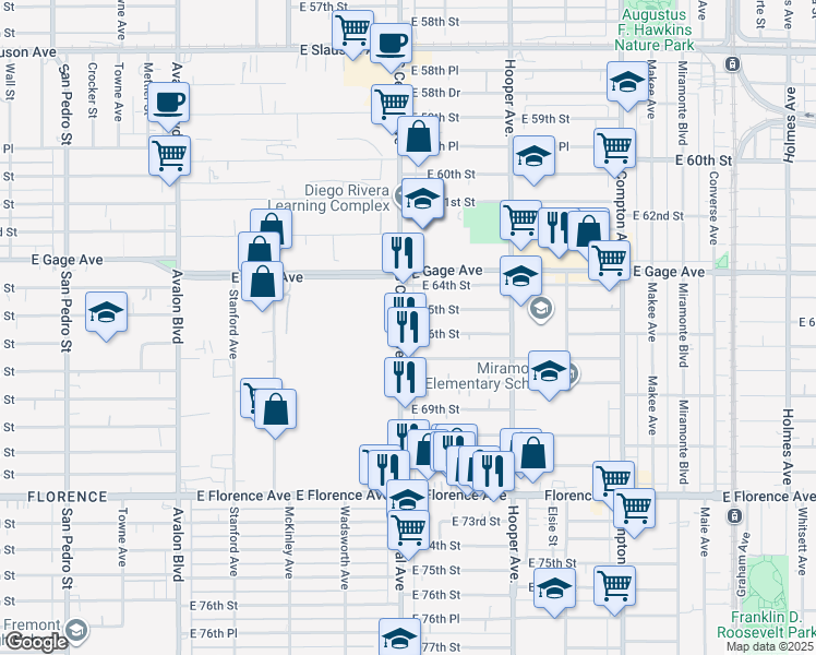 map of restaurants, bars, coffee shops, grocery stores, and more near 1127 East 67th Street in Los Angeles