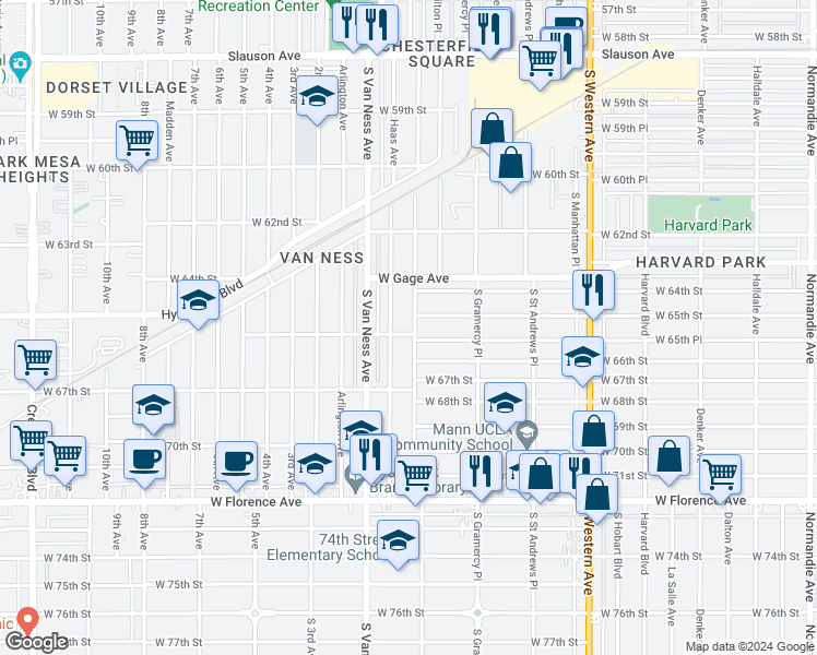 map of restaurants, bars, coffee shops, grocery stores, and more near 2064 West 65th Place in Los Angeles