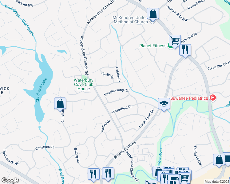 map of restaurants, bars, coffee shops, grocery stores, and more near 965 Meadowsong Circle in Lawrenceville