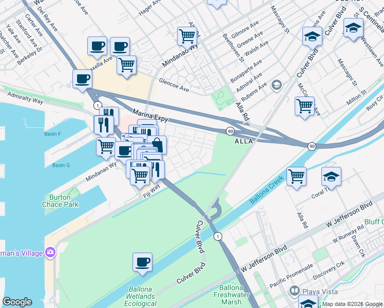 map of restaurants, bars, coffee shops, grocery stores, and more near 13219 Fiji Way in Marina del Rey