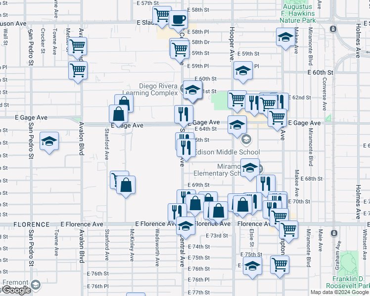 map of restaurants, bars, coffee shops, grocery stores, and more near 6524 South Central Avenue in Los Angeles