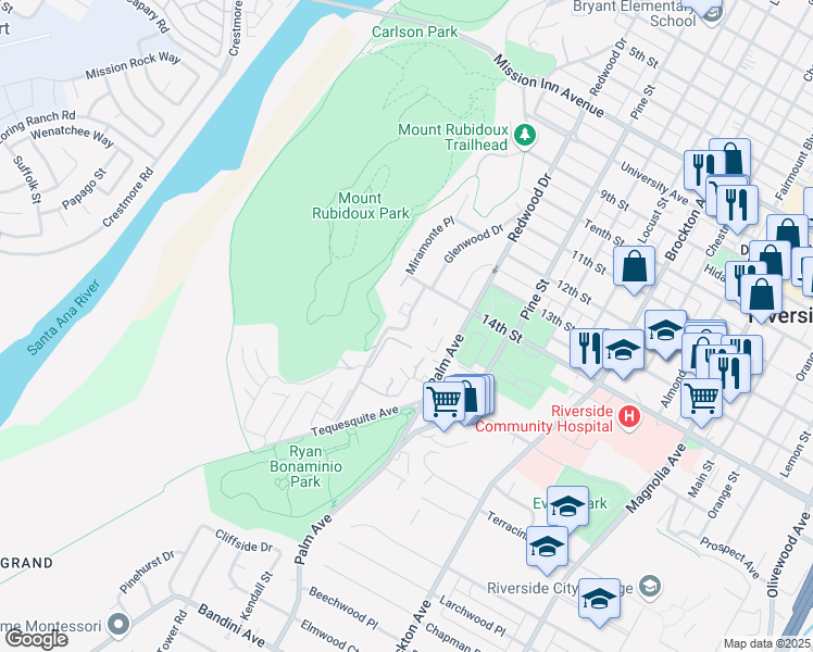 map of restaurants, bars, coffee shops, grocery stores, and more near 4500 Glenwood Drive in Riverside