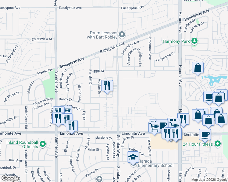 map of restaurants, bars, coffee shops, grocery stores, and more near 5934 Ginger Drive in Corona