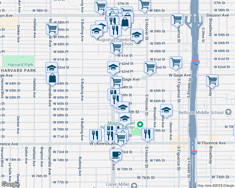 map of restaurants, bars, coffee shops, grocery stores, and more near 6400 South Vermont Avenue in Los Angeles