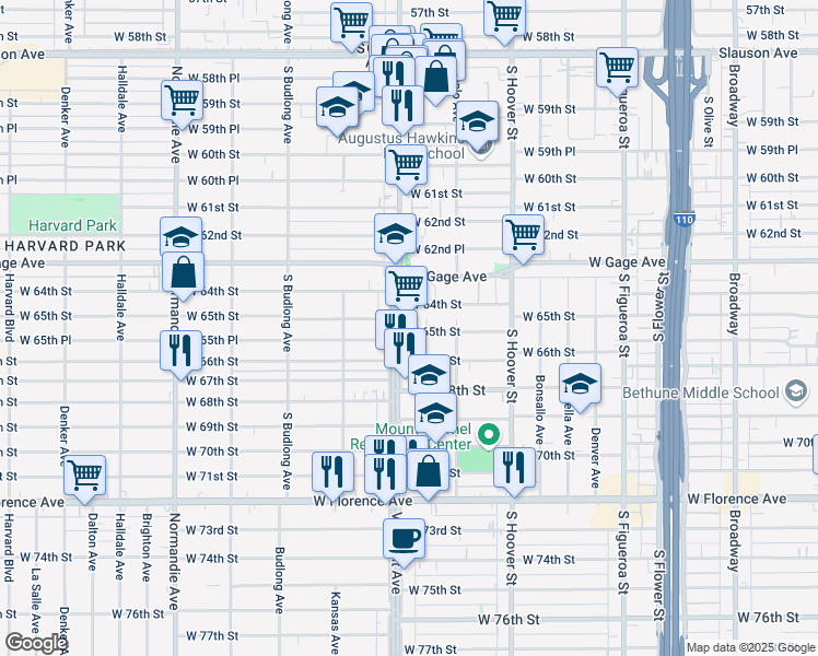 map of restaurants, bars, coffee shops, grocery stores, and more near 949 West 65th Street in Los Angeles