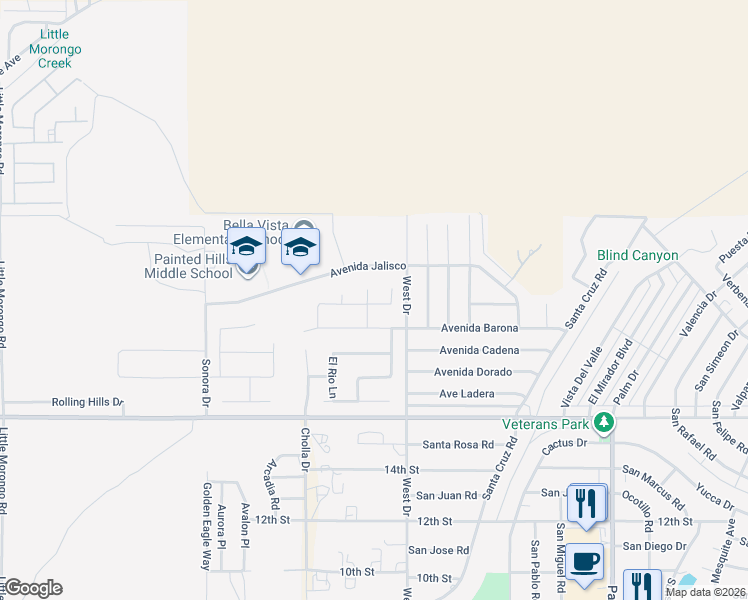 map of restaurants, bars, coffee shops, grocery stores, and more near 9574 Vía Real in Desert Hot Springs