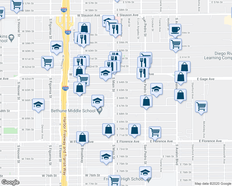 map of restaurants, bars, coffee shops, grocery stores, and more near 6414 South Main Street in Los Angeles