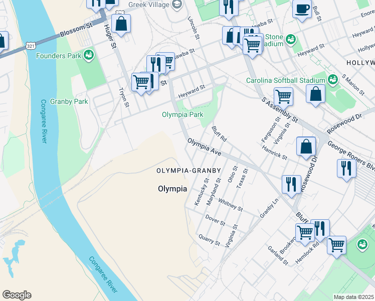 map of restaurants, bars, coffee shops, grocery stores, and more near 306 Delaware Street in Columbia