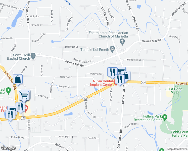 map of restaurants, bars, coffee shops, grocery stores, and more near 3007 Octavia Circle in Marietta