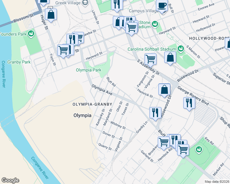 map of restaurants, bars, coffee shops, grocery stores, and more near 1141 Olympia Avenue in Columbia