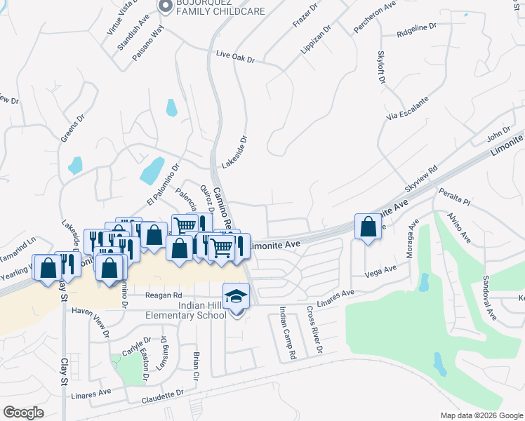 map of restaurants, bars, coffee shops, grocery stores, and more near 5947 Helmcrest Drive in Riverside