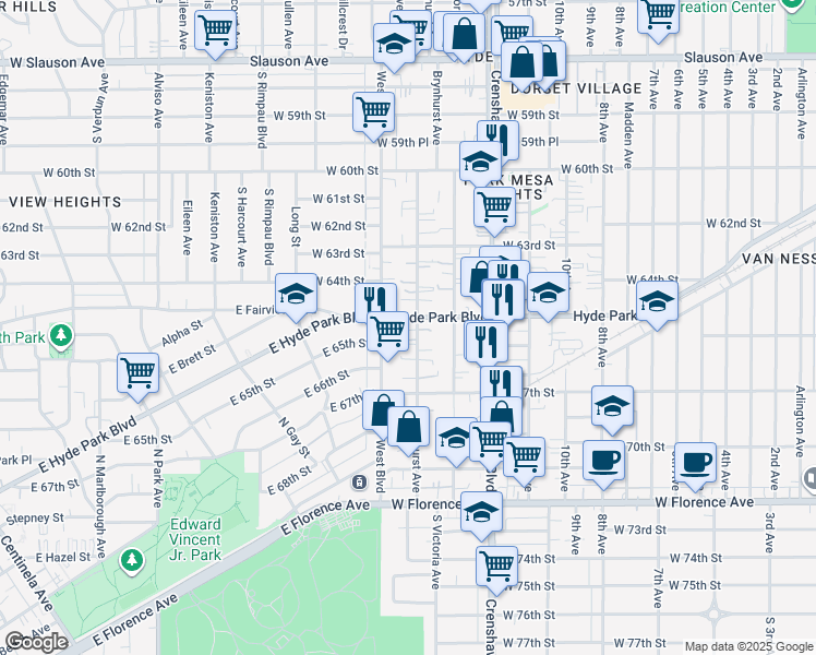 map of restaurants, bars, coffee shops, grocery stores, and more near 6428 Brynhurst Avenue in Los Angeles