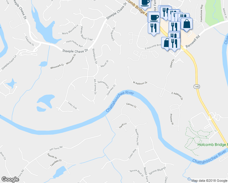 map of restaurants, bars, coffee shops, grocery stores, and more near 8235 Overview Court in Roswell