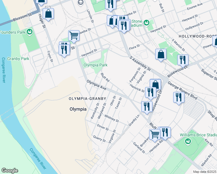 map of restaurants, bars, coffee shops, grocery stores, and more near 1141 Olympia Avenue in Columbia