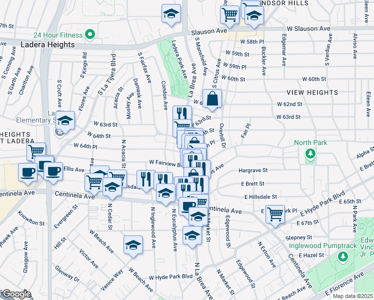 map of restaurants, bars, coffee shops, grocery stores, and more near 102 West 64th Street in Inglewood