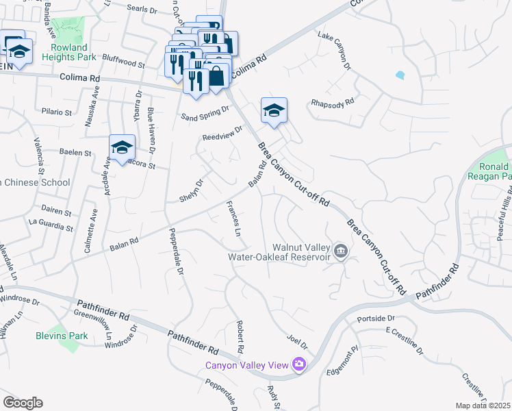 map of restaurants, bars, coffee shops, grocery stores, and more near 2147 Wind River Lane in Rowland Heights