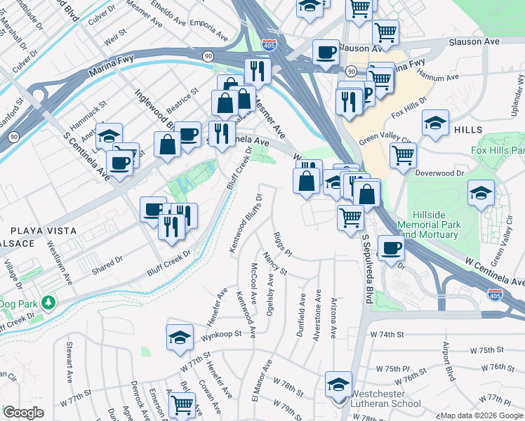 map of restaurants, bars, coffee shops, grocery stores, and more near 6615 Kentwood Bluffs Drive in Los Angeles