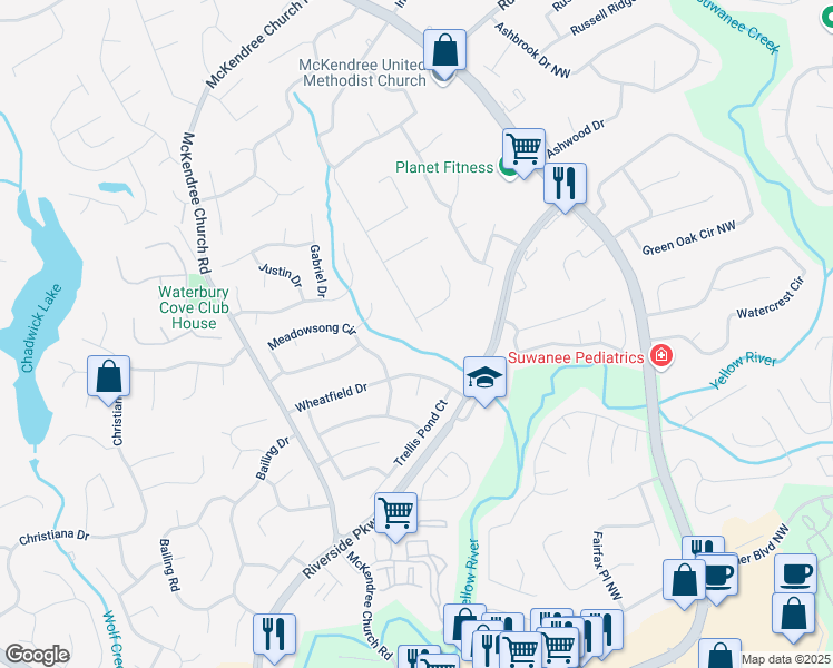 map of restaurants, bars, coffee shops, grocery stores, and more near 1308 Fairview Trail Northwest in Lawrenceville
