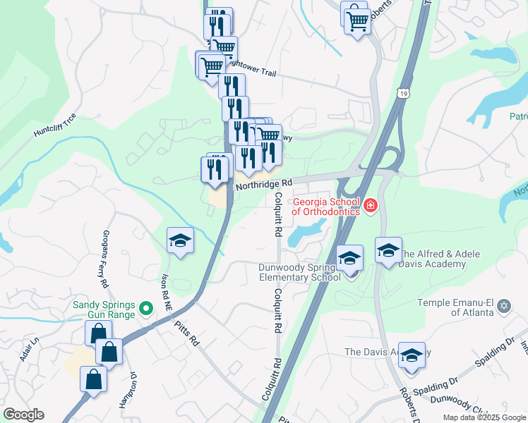 map of restaurants, bars, coffee shops, grocery stores, and more near 375 Northridge Road in Sandy Springs