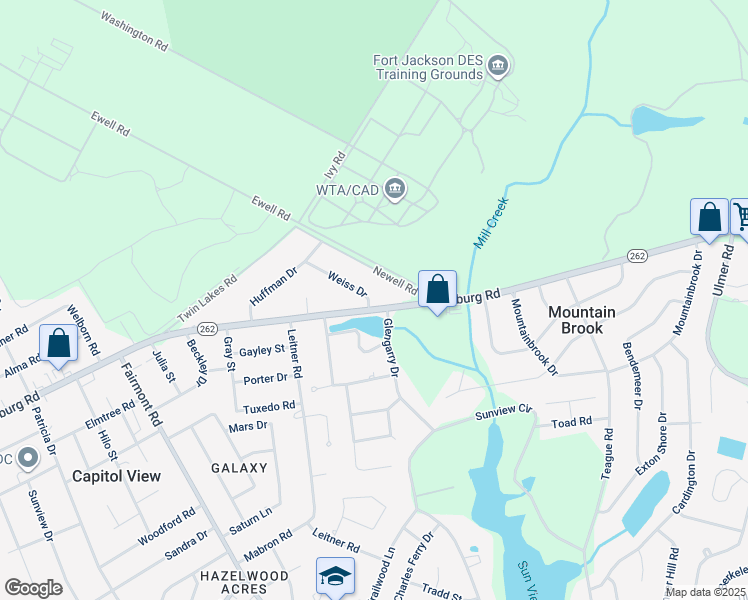 map of restaurants, bars, coffee shops, grocery stores, and more near 2243 Weiss Drive in Columbia