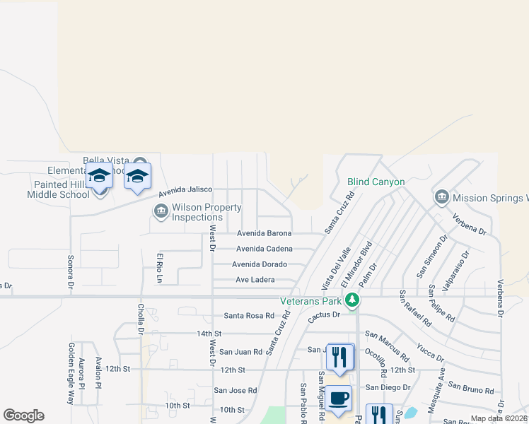 map of restaurants, bars, coffee shops, grocery stores, and more near 66188 Avenue Suenos in Desert Hot Springs