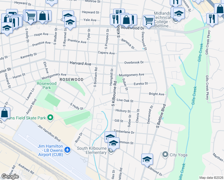 map of restaurants, bars, coffee shops, grocery stores, and more near 802 Hemphill Street in Columbia