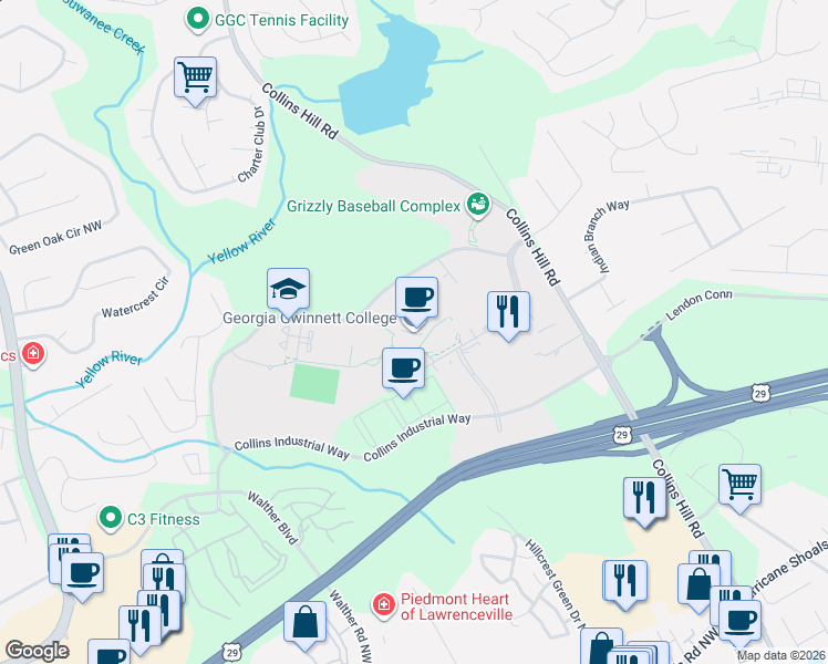 map of restaurants, bars, coffee shops, grocery stores, and more near 1000 University Center Lane in Lawrenceville