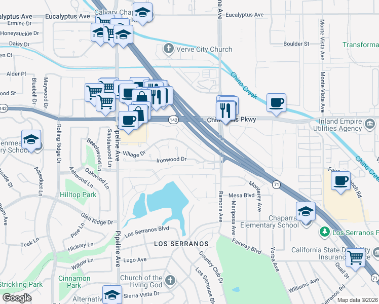 map of restaurants, bars, coffee shops, grocery stores, and more near 15027 Orangewood Drive in Chino Hills