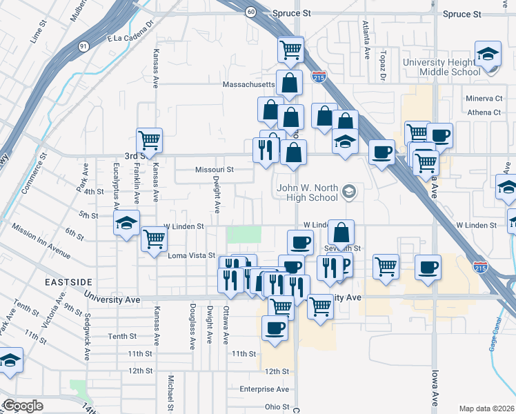 map of restaurants, bars, coffee shops, grocery stores, and more near 1811 Keith Street in Riverside
